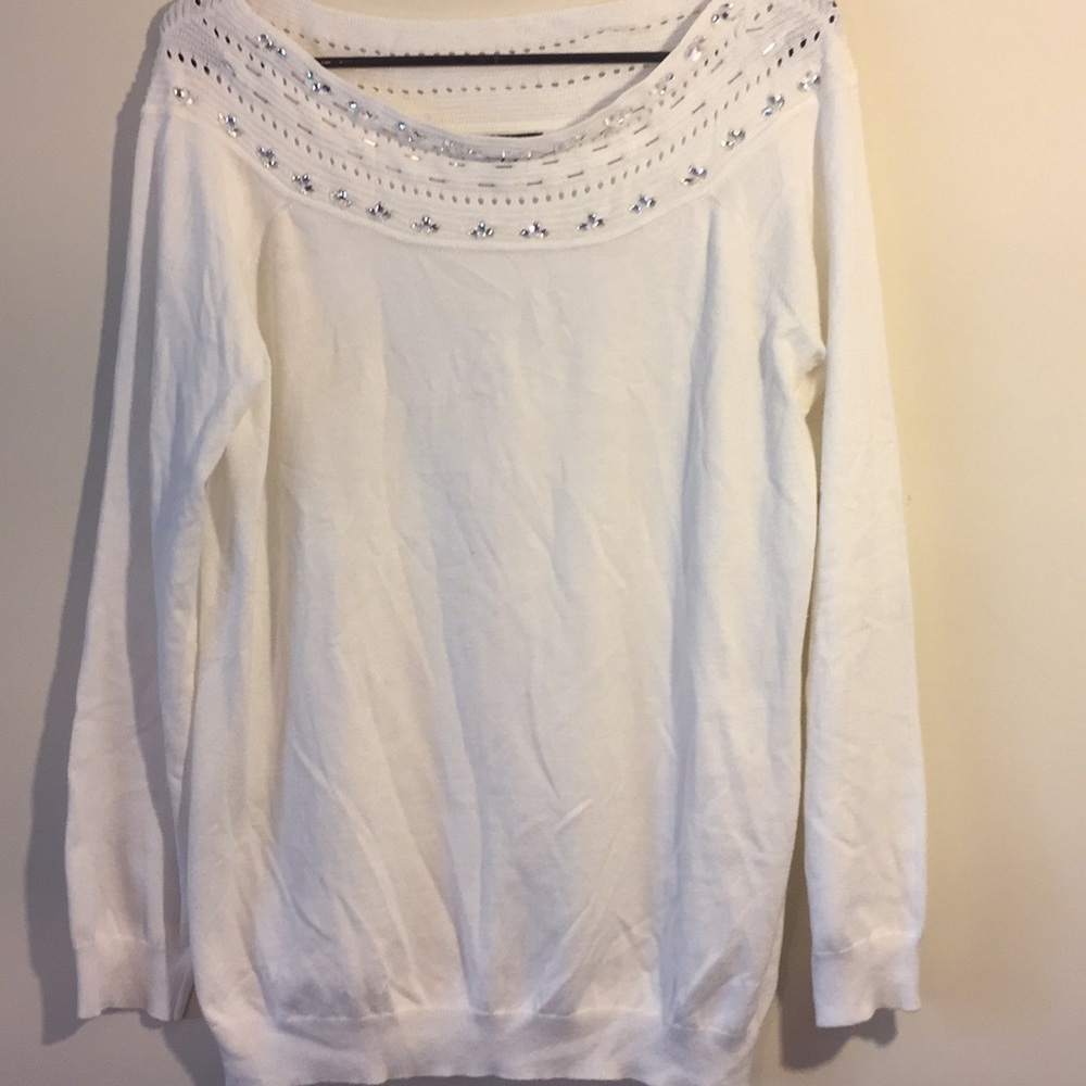 Roz And Ali White Rhinestone Crochet Sweater
